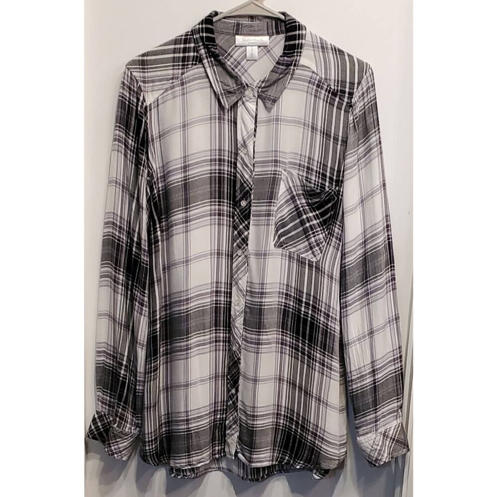 MOTHERHOOD Maternity Black&White Light Weight Plaid Button Down Shirt Size Large